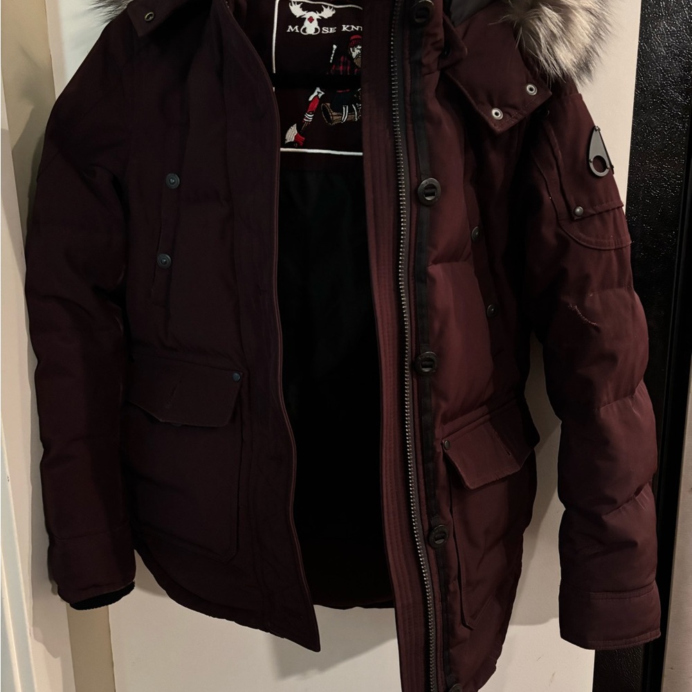 Moose Knuckles Burgundy Parka with Fur Trim